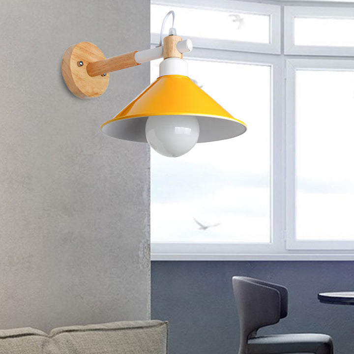 Lisslune | Nordic Stylish Cone Wall Lighting Fixture 1 Head Metallic Wall Lamp with Wooden Connection in Black/Grey for Hallway
