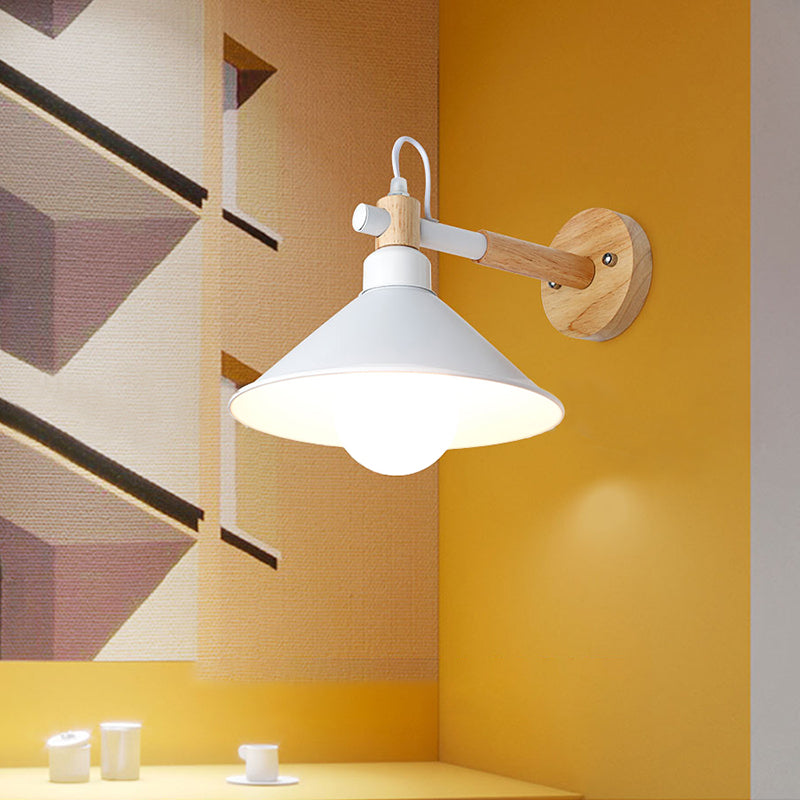 Lisslune | Nordic Stylish Cone Wall Lighting Fixture 1 Head Metallic Wall Lamp with Wooden Connection in Black/Grey for Hallway