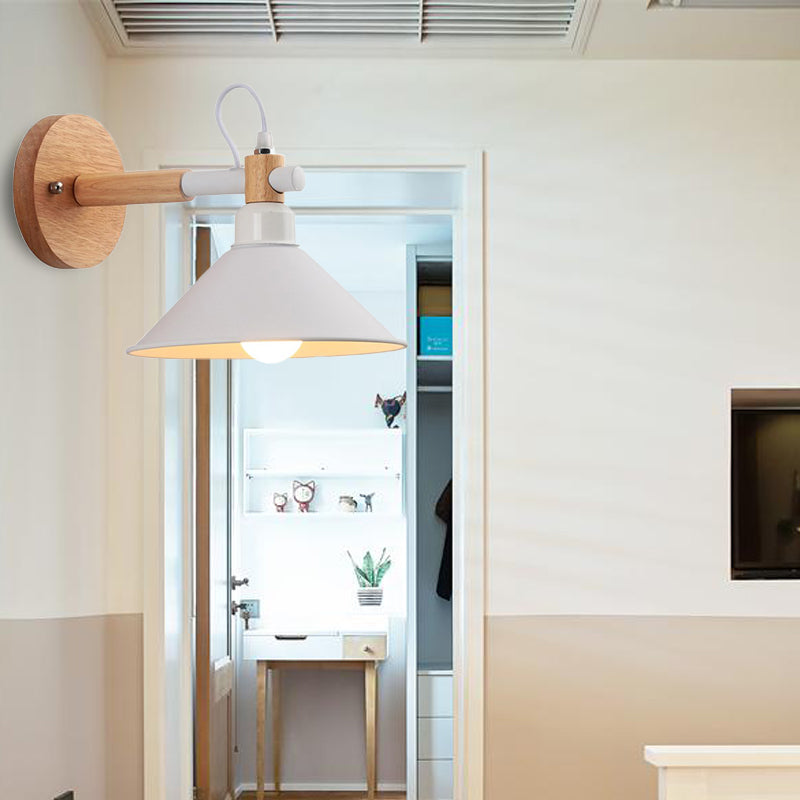 Lisslune | Nordic Stylish Cone Wall Lighting Fixture 1 Head Metallic Wall Lamp with Wooden Connection in Black/Grey for Hallway