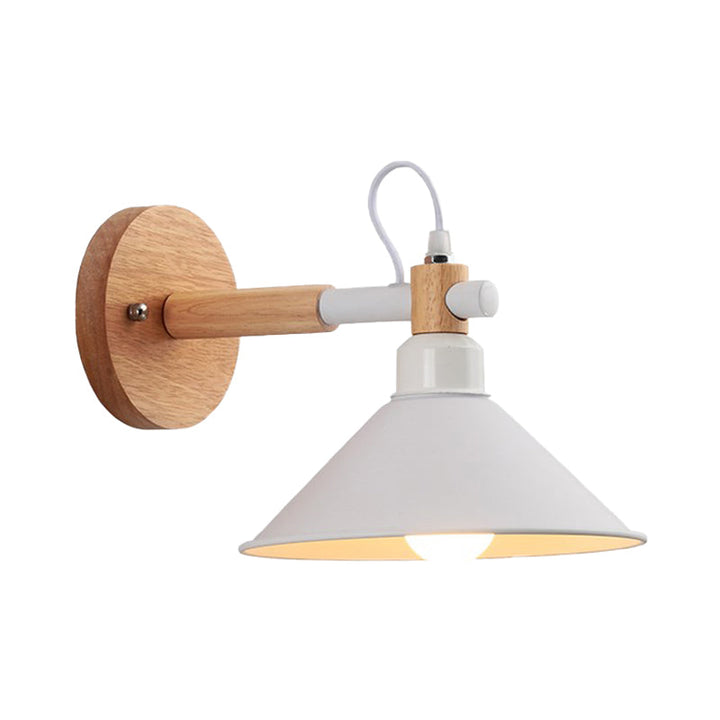 Lisslune | Nordic Stylish Cone Wall Lighting Fixture 1 Head Metallic Wall Lamp with Wooden Connection in Black/Grey for Hallway