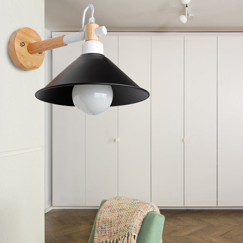Lisslune | Nordic Stylish Cone Wall Lighting Fixture 1 Head Metallic Wall Lamp with Wooden Connection in Black/Grey for Hallway