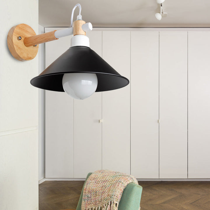 Lisslune | Nordic Stylish Cone Wall Lighting Fixture 1 Head Metallic Wall Lamp with Wooden Connection in Black/Grey for Hallway