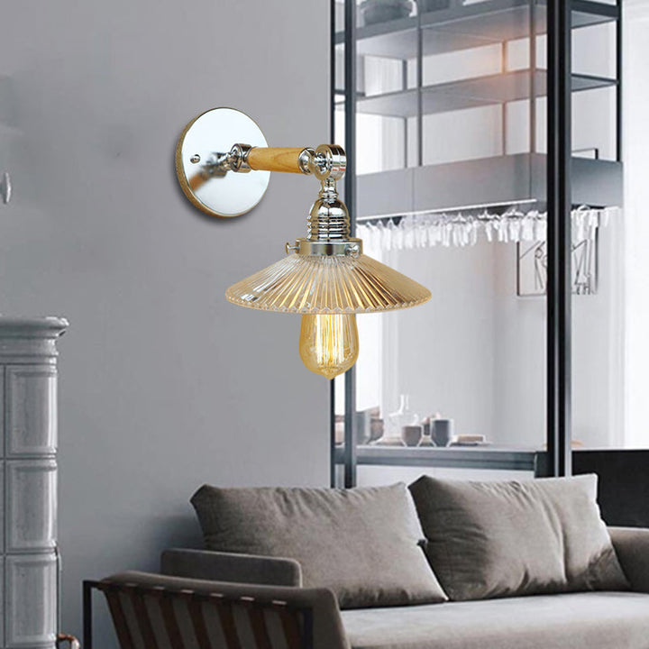 Lisslune | 1 Light Clear Ribbed Glass Wall Sconce Light Industrial Chrome Cone Living Room Lighting Fixture, 8"/4"/6" Width Wood Arm