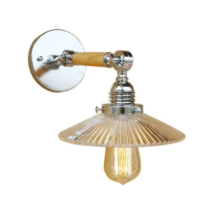 Lisslune | 1 Light Clear Ribbed Glass Wall Sconce Light Industrial Chrome Cone Living Room Lighting Fixture, 8"/4"/6" Width Wood Arm