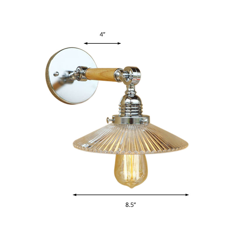 Lisslune | 1 Light Clear Ribbed Glass Wall Sconce Light Industrial Chrome Cone Living Room Lighting Fixture, 8"/4"/6" Width Wood Arm