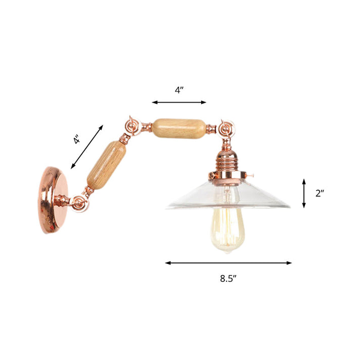 Lisslune | Clear Glass Wood Wall Light Cone 1-Light Industrial Wall Lamp with Extendable Arm