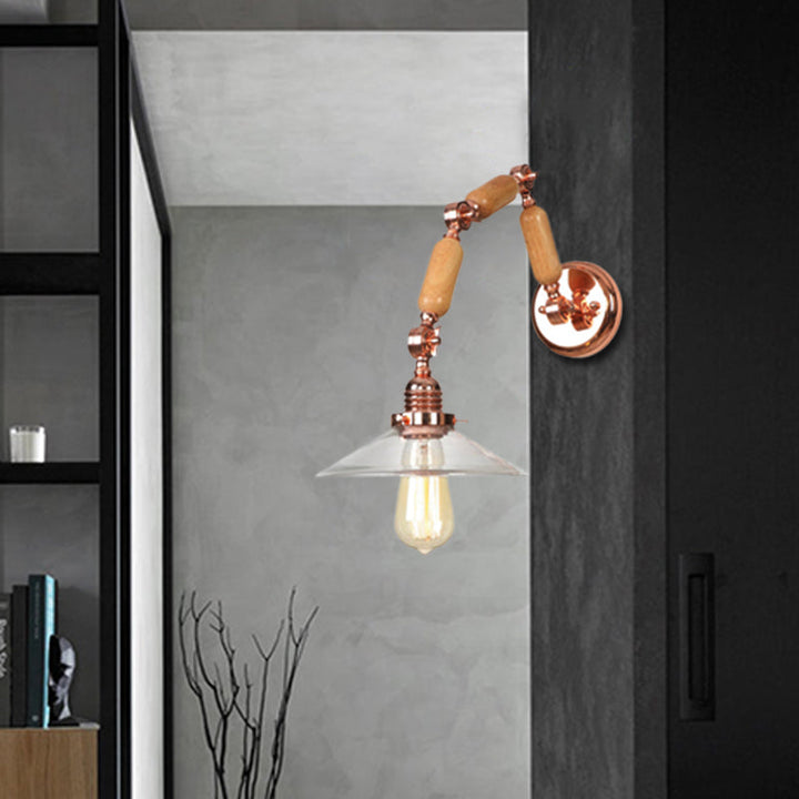 Lisslune | Cone-shaped Clear Glass Wall Lamp Vintage Single Bulb Living Room Sconces Light in Rose Gold with Arm