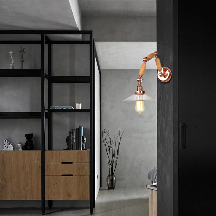Lisslune | Cone-shaped Clear Glass Wall Lamp Vintage Single Bulb Living Room Sconces Light in Rose Gold with Arm