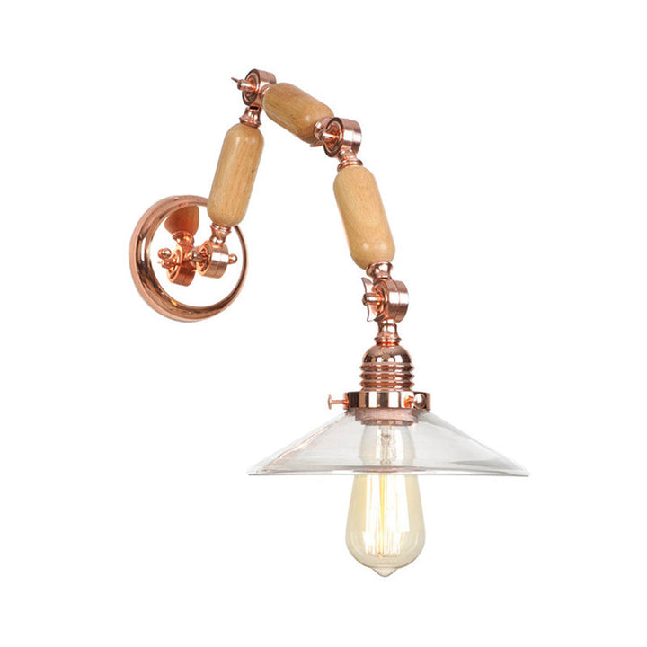 Lisslune | Cone-shaped Clear Glass Wall Lamp Vintage Single Bulb Living Room Sconces Light in Rose Gold with Arm