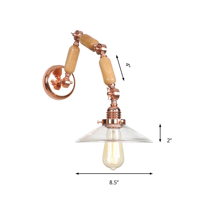 Lisslune | Cone-shaped Clear Glass Wall Lamp Vintage Single Bulb Living Room Sconces Light in Rose Gold with Arm