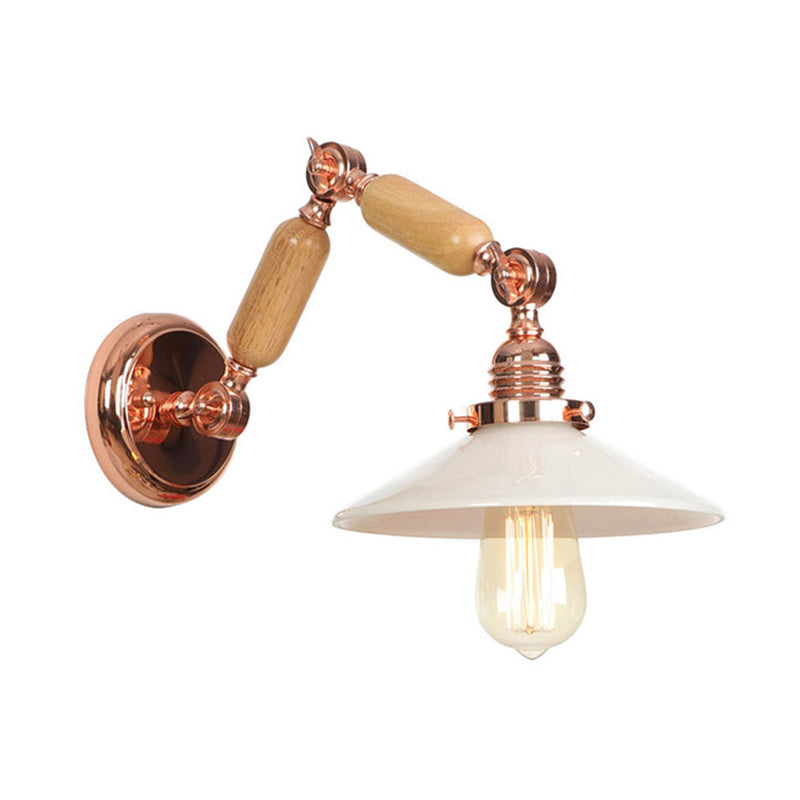 Lisslune | White glass conical wall lamp industrial 1 light living room lighting fixture with retractable arm