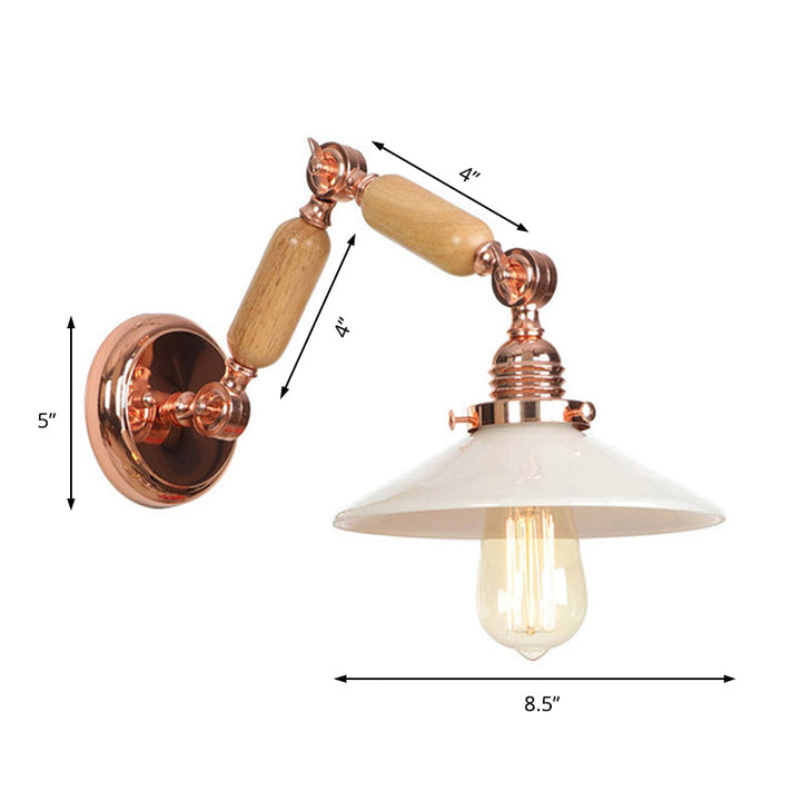Lisslune | White glass conical wall lamp industrial 1 light living room lighting fixture with retractable arm