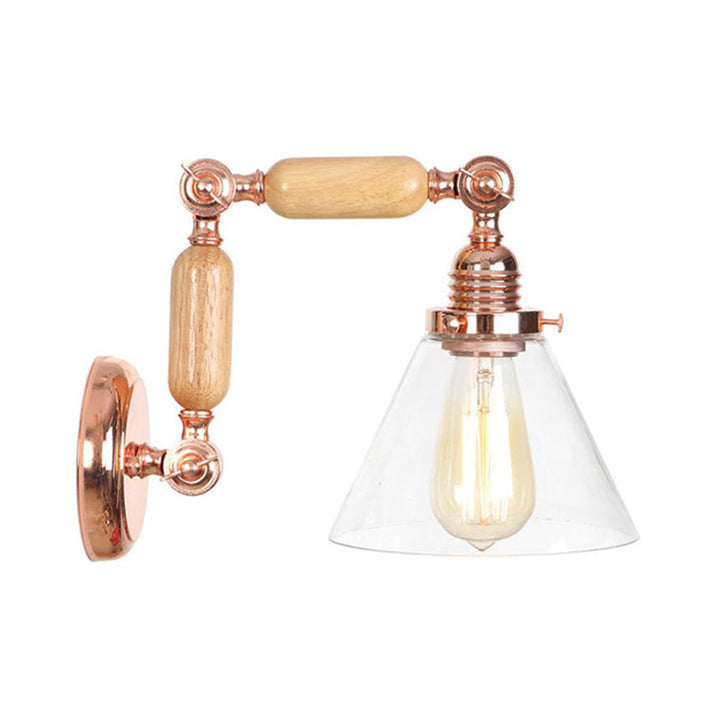 Lisslune | Cone Shade Bedroom Wall Lamp Vintage Clear Glass 1 Light Wooden Wall Lamp with Long Arm