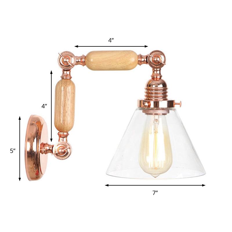 Lisslune | Cone Shade Bedroom Wall Lamp Vintage Clear Glass 1 Light Wooden Wall Lamp with Long Arm