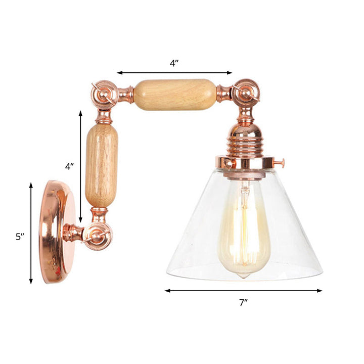 Lisslune | Cone Shade Bedroom Wall Lamp Vintage Clear Glass 1 Light Wooden Wall Lamp with Long Arm