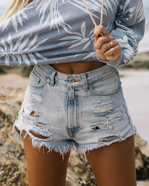 Women's Destroyed Denim Shorts in Casual Style Lisslune