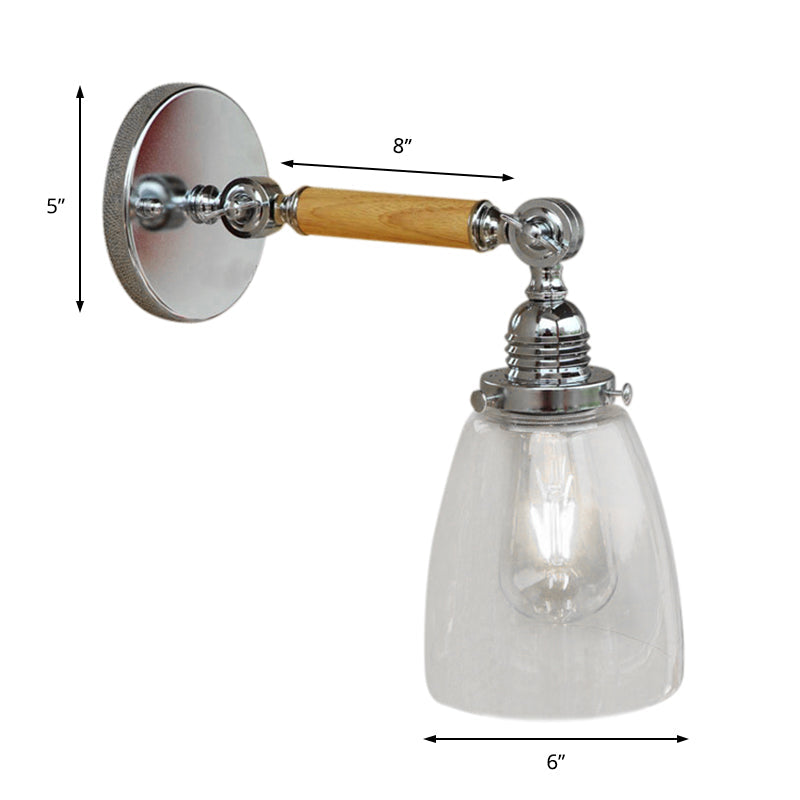 Lisslune | Single-layer wall lamp with dome shade clear glass industrial living room light, 8"/4"/6" L wood arm