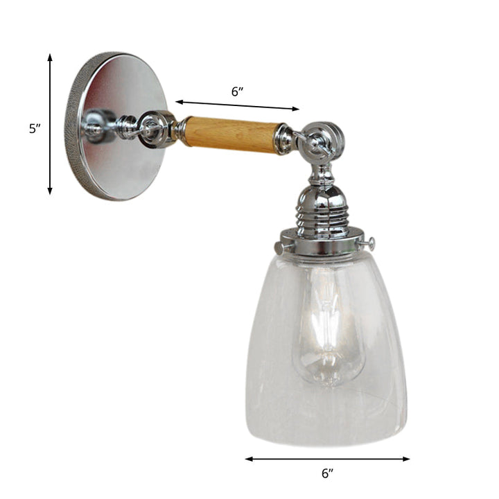 Lisslune | Single-layer wall lamp with dome shade clear glass industrial living room light, 8"/4"/6" L wood arm
