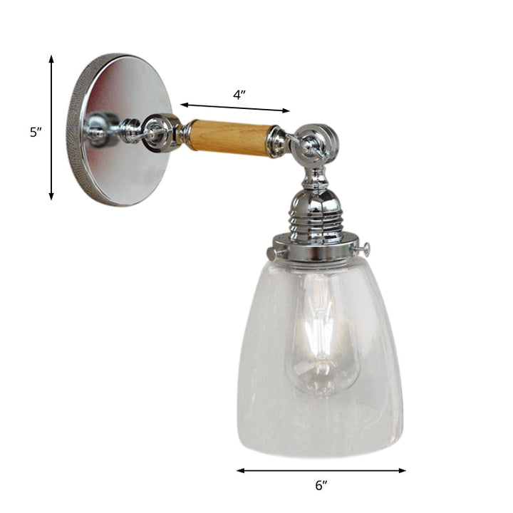 Lisslune | Single-layer wall lamp with dome shade clear glass industrial living room light, 8"/4"/6" L wood arm