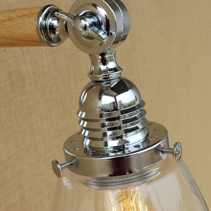 Lisslune | Single-layer wall lamp with dome shade clear glass industrial living room light, 8"/4"/6" L wood arm