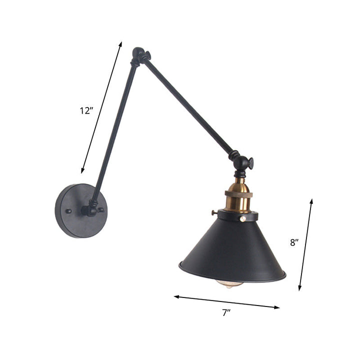 Lisslune | 1 Light Adjustable Wall Lamp with Cone Shade Metal Retro Indoor Wall Lamp Light in Black/White