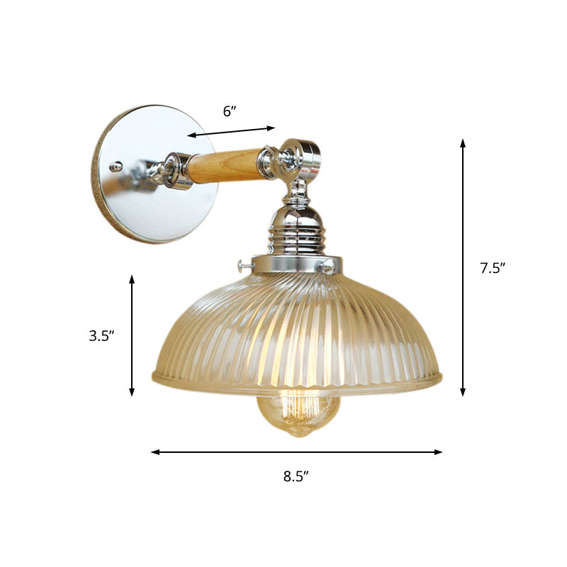 Lisslune | Curved Living Room Wall Light Fixture Antique Stylish Ribbed Glass 1 Light Clear Wall Lamp for Hallway, 8"/4"/6" L Wooden Arm