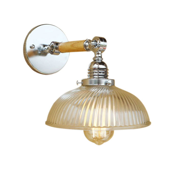 Lisslune | Curved Living Room Wall Light Fixture Antique Stylish Ribbed Glass 1 Light Clear Wall Lamp for Hallway, 8"/4"/6" L Wooden Arm