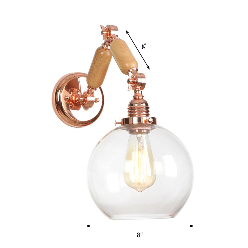 Lisslune | 1 Bulb Globe Wall Mounted Light Fixture Rustic Rose Gold Clear Glass Lighting with Retractable Arm