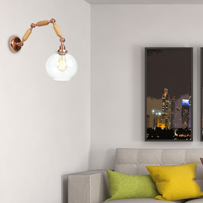 Lisslune | Globe Living Room Wall Lamp Antique Clear Glass 1 Light Pink Gold Wall Lamp with Retractable Arm