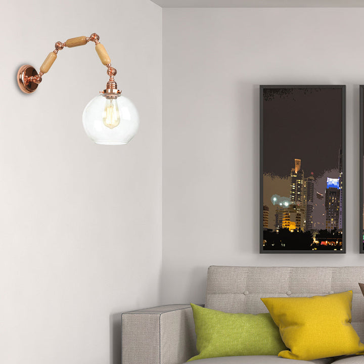 Lisslune | Globe Living Room Wall Lamp Antique Clear Glass 1 Light Pink Gold Wall Lamp with Retractable Arm