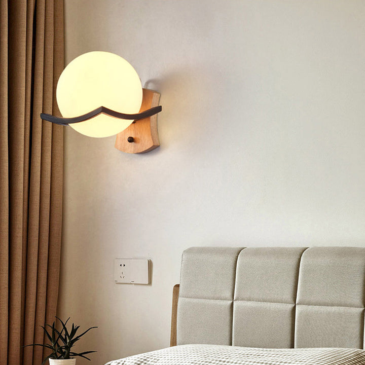 Lisslune | Opal Glass Globe Wall Lamp Nordic Single Lamp Living Room Lighting Fixture in Wood