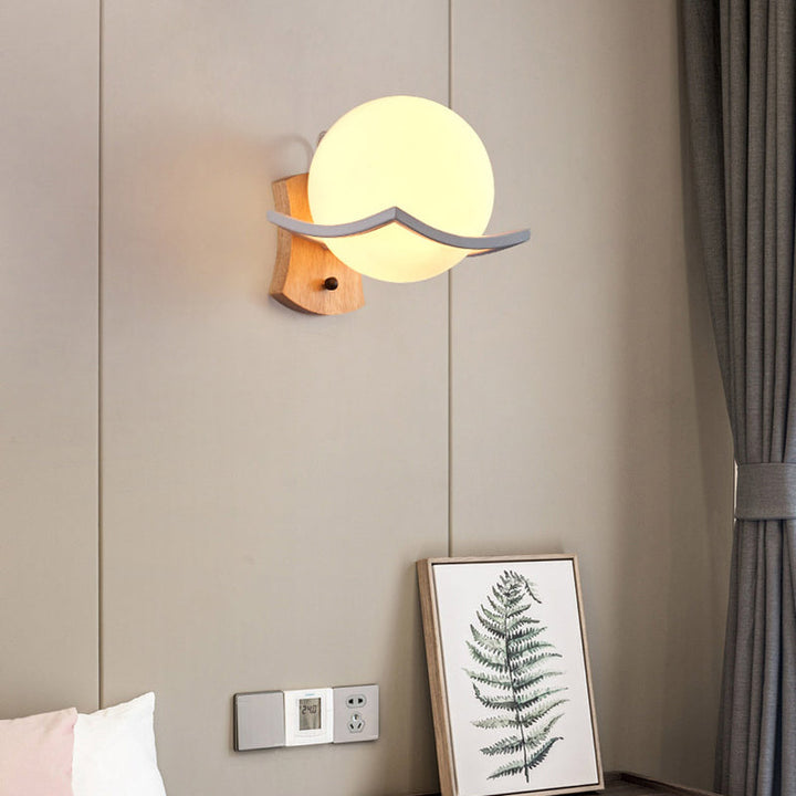 Lisslune | Wood One Light Wall Lamp Nordic White Glass Globe Lighting Fixture for Living Room