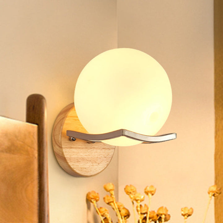 Lisslune | Globe Bedroom Wall Light Nordic Opal Glass Single Light Wooden Wall Lamp