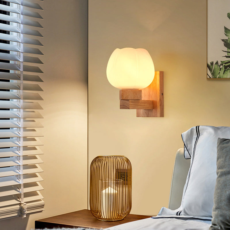 Lisslune | Single Bulb Opal Glass Wall Light Nordic Wood Bowl Bedroom Lighting Fixture