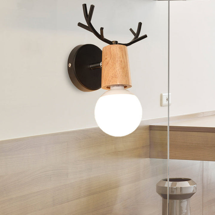 Lisslune | 1 Light Bare Bulb Wall Lamp Modern Style Black/White Finish Metal and Wood Wall Lighting with Deer Side