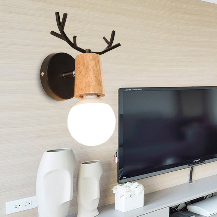 Lisslune | 1 Light Bare Bulb Wall Lamp Modern Style Black/White Finish Metal and Wood Wall Lighting with Deer Side