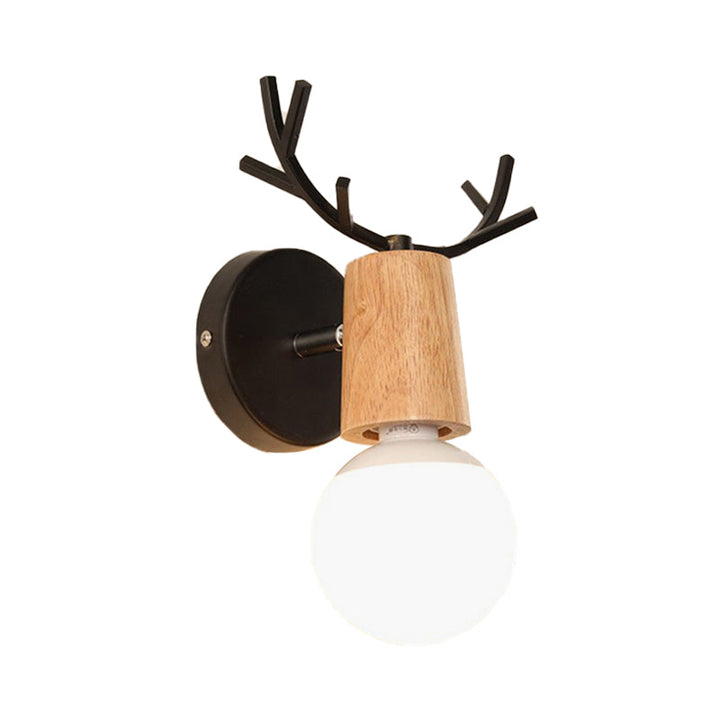 Lisslune | 1 Light Bare Bulb Wall Lamp Modern Style Black/White Finish Metal and Wood Wall Lighting with Deer Side