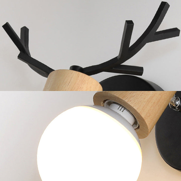Lisslune | 1 Light Bare Bulb Wall Lamp Modern Style Black/White Finish Metal and Wood Wall Lighting with Deer Side