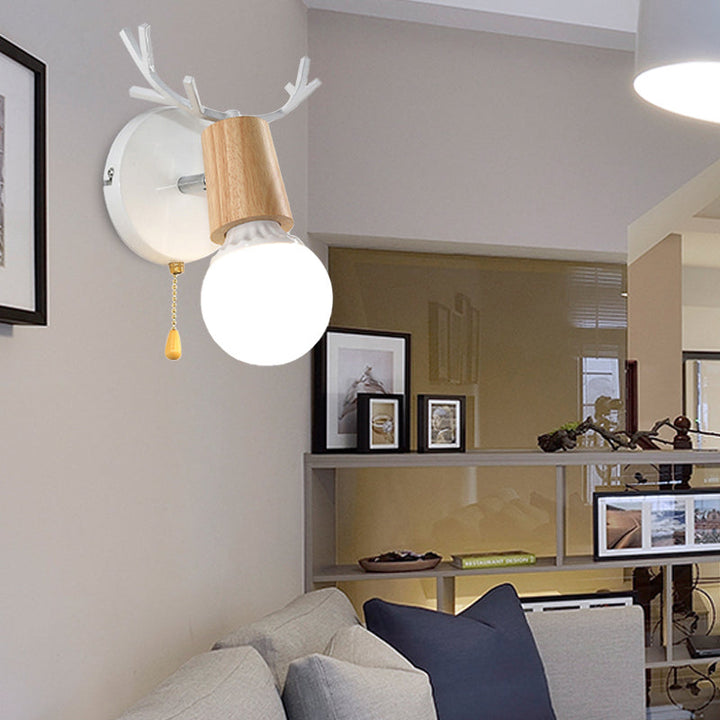 Lisslune | 1 Light Bare Bulb Wall Lamp Modern Style Black/White Finish Metal and Wood Wall Lighting with Deer Side