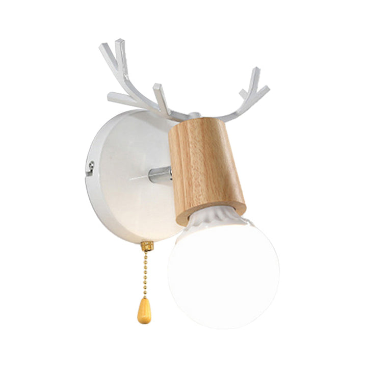 Lisslune | 1 Light Bare Bulb Wall Lamp Modern Style Black/White Finish Metal and Wood Wall Lighting with Deer Side