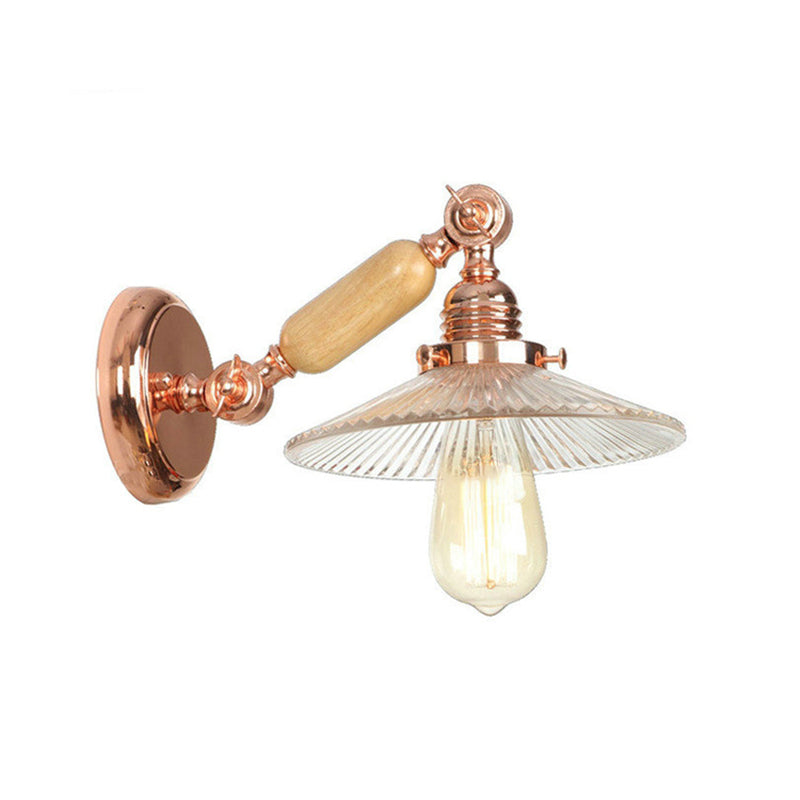 Lisslune | Ribbed Glass Pink Gold Wall Lamp Saucer 1-Light Industrial Wall Lamp Mounting for Living Room