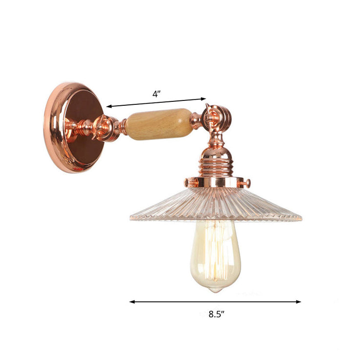 Lisslune | Ribbed Glass Pink Gold Wall Lamp Saucer 1-Light Industrial Wall Lamp Mounting for Living Room