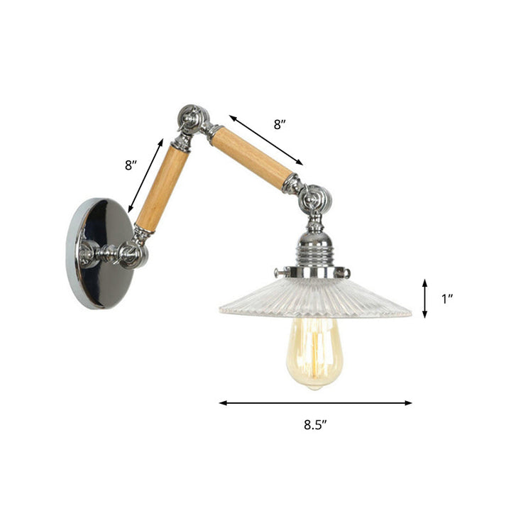 Lisslune | A light wall lamp with bowl shade ribbed glass vintage study wall light with 8"+8"/6"+6"/8"+4" extendable wooden arm
