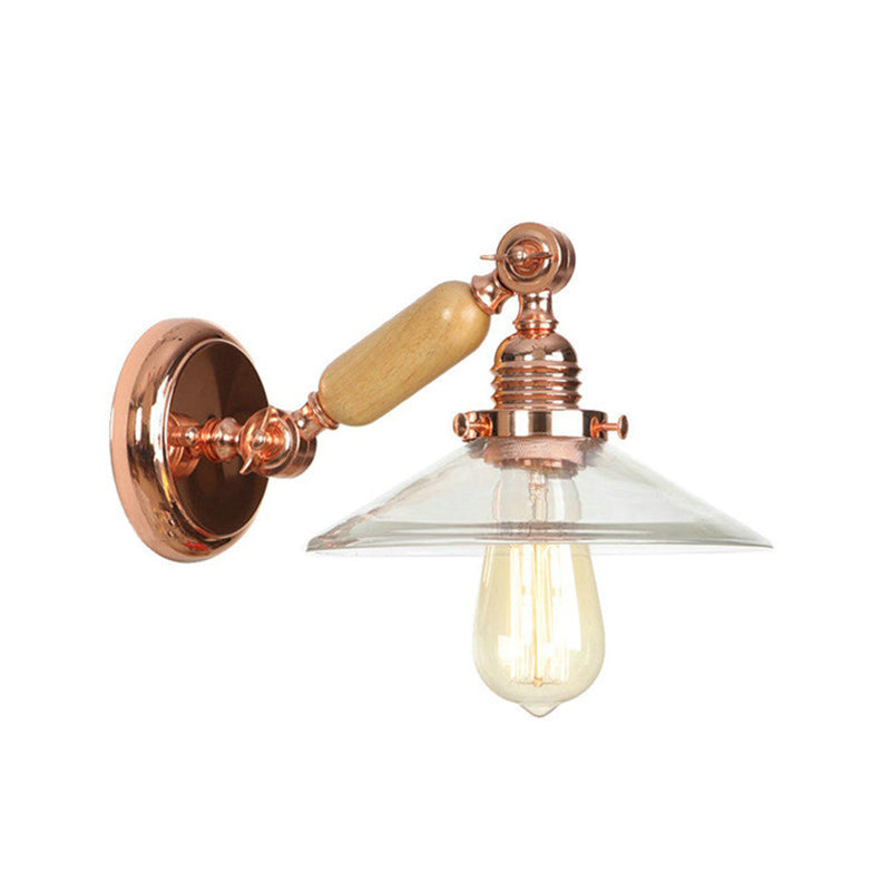 Lisslune | 1 Light Clear Glass Wall Light Rustic Rose Gold Cone Living Room Lighting with Rotatable Arm