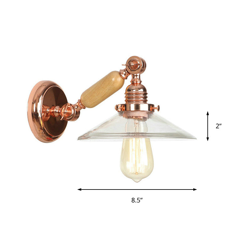 Lisslune | 1 Light Clear Glass Wall Light Rustic Rose Gold Cone Living Room Lighting with Rotatable Arm