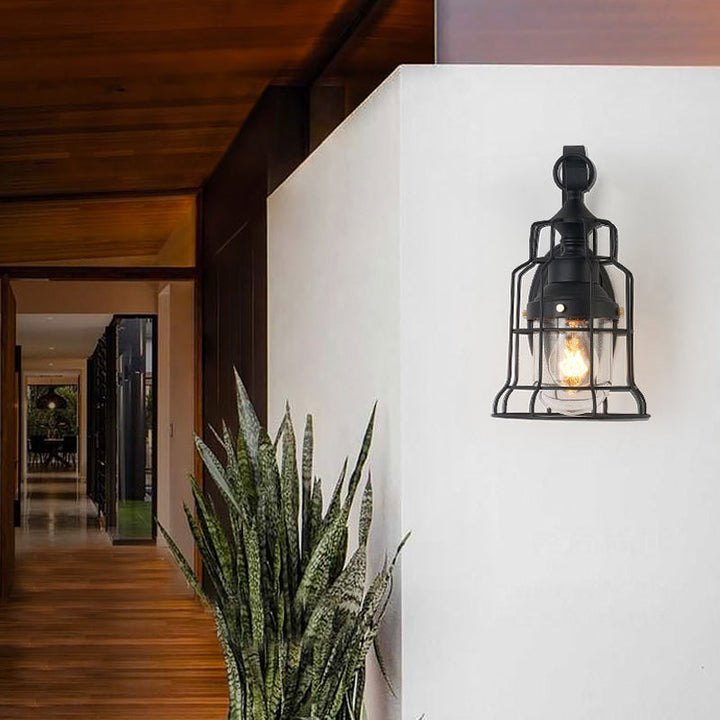 Lisslune | 1 Light Bell Shade Wall Lamp Industrial Black Glass Wall Lamp for Corridor with Metal Cage Frame