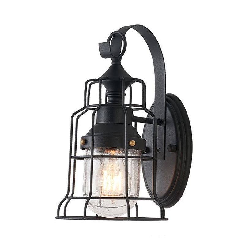 Lisslune | 1 Light Bell Shade Wall Lamp Industrial Black Glass Wall Lamp for Corridor with Metal Cage Frame
