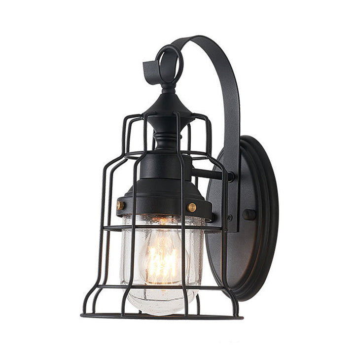 Lisslune | 1 Light Bell Shade Wall Lamp Industrial Black Glass Wall Lamp for Corridor with Metal Cage Frame