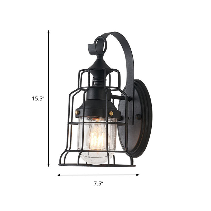Lisslune | 1 Light Bell Shade Wall Lamp Industrial Black Glass Wall Lamp for Corridor with Metal Cage Frame