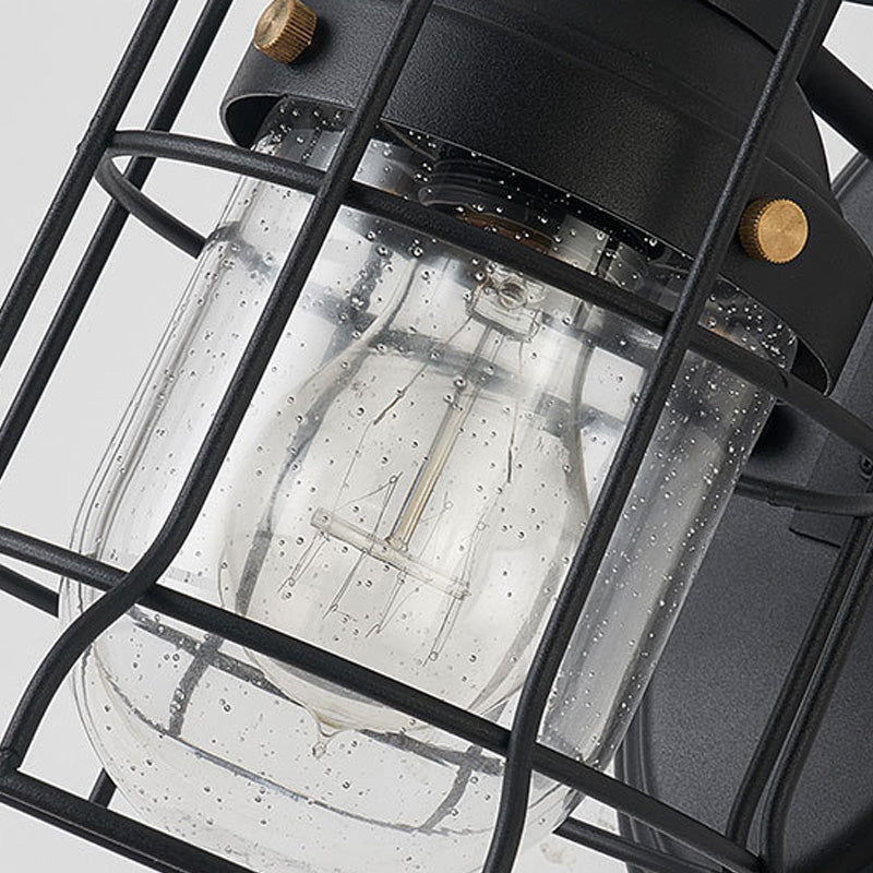 Lisslune | 1 Light Bell Shade Wall Lamp Industrial Black Glass Wall Lamp for Corridor with Metal Cage Frame